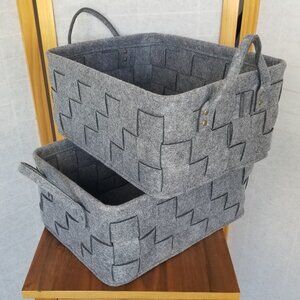 Large Flannel Felt Basket with Handle Gray Woven Set of Two 15" x 11" x 7"
